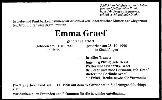 Herbert Emma 1902-1990 Todesanzeige